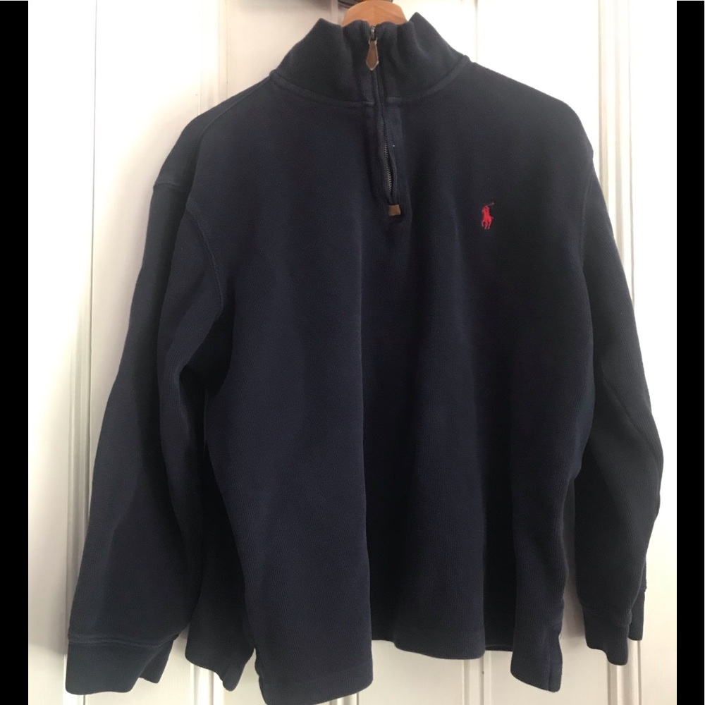 Polo Ralph Lauren Mens Sz Large Blue Knit 1/4 Zip Sweater Red Pony